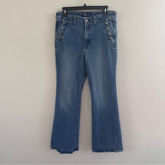 GAP Denim - GAP 70s Flare Jeans Womens 12 31R Medium Wash Button Detail Retro